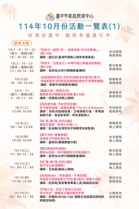 臺中市家庭教育中心 114年10月份活動一覽表圖片