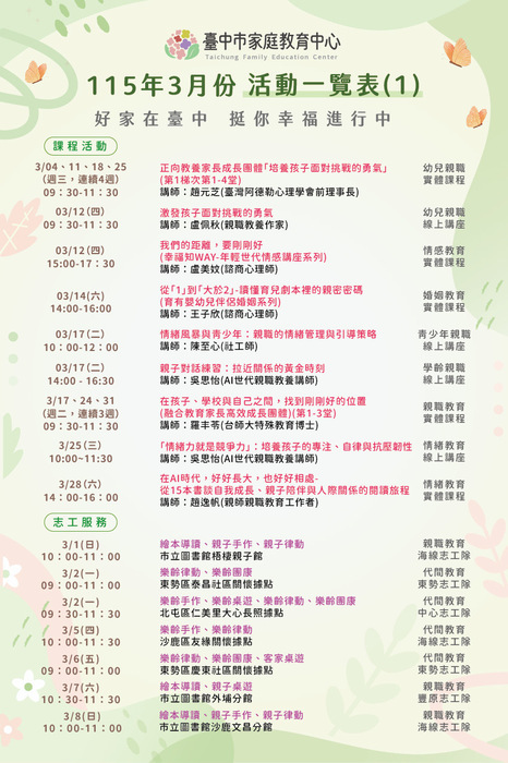 臺中市家庭教育中心 115年3月份活動一覽表圖片