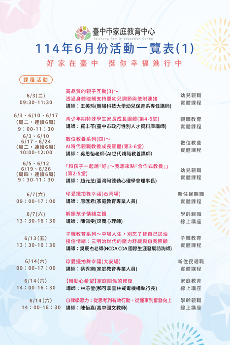 臺中市家庭教育中心 114年6月份活動一覽表圖片