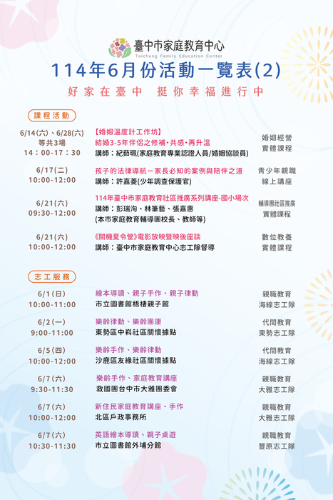 臺中市家庭教育中心 114年6月份活動一覽表圖片