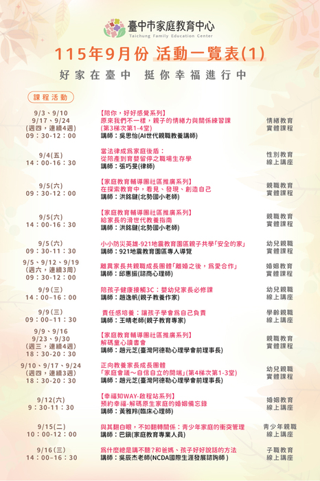 臺中市家庭教育中心 115年9月份活動一覽表圖片