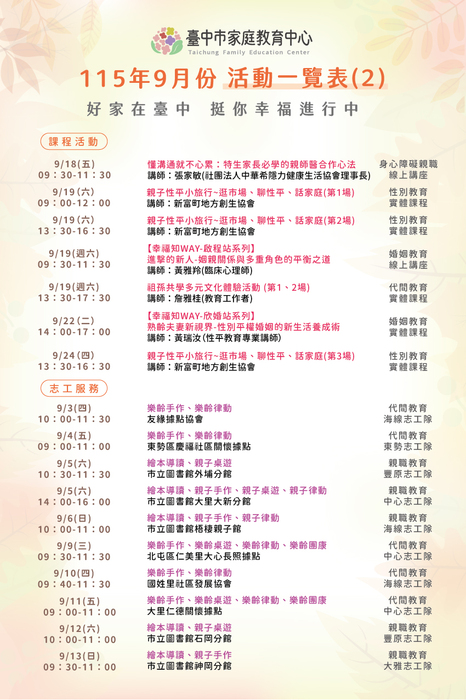 臺中市家庭教育中心 115年9月份活動一覽表圖片