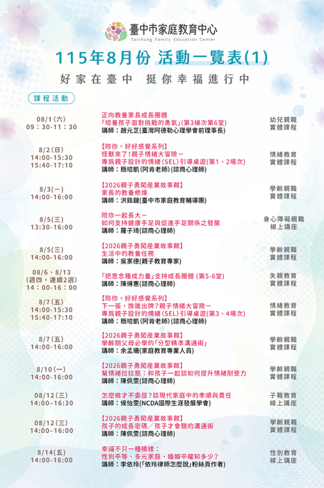 臺中市家庭教育中心 115年8月份活動一覽表圖片
