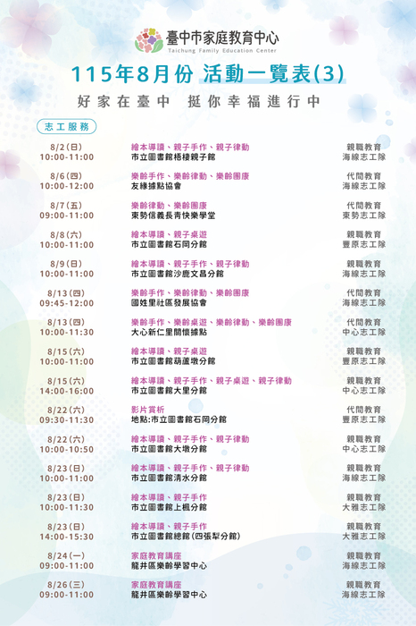 臺中市家庭教育中心 115年8月份活動一覽表圖片
