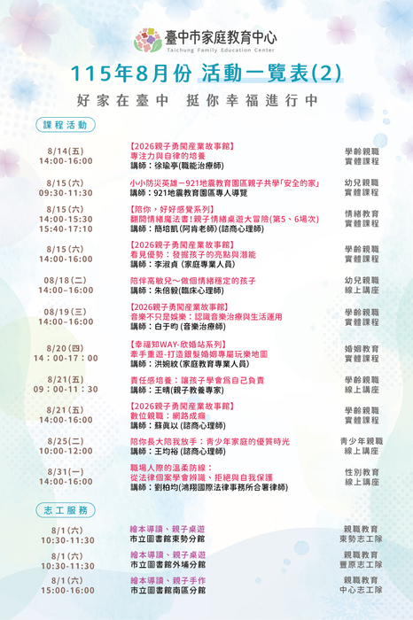 臺中市家庭教育中心 115年8月份活動一覽表圖片